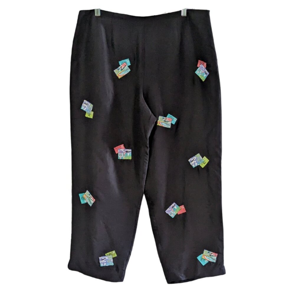 S.L.B. Women's Capri Silk Black Pants, Size 14, Embroidered, Lined, Side Zipper